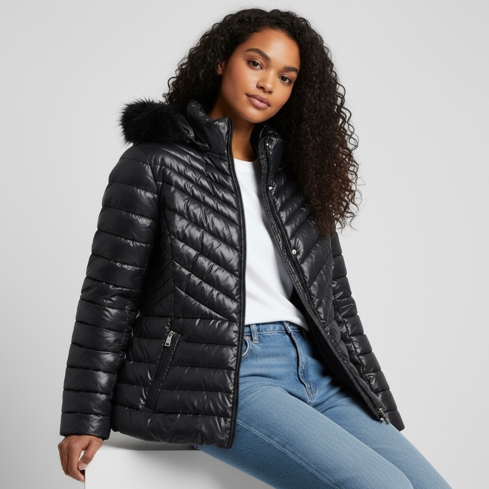 Kenneth Cole Short Puffer w/Faux Fur Trimmed Hood